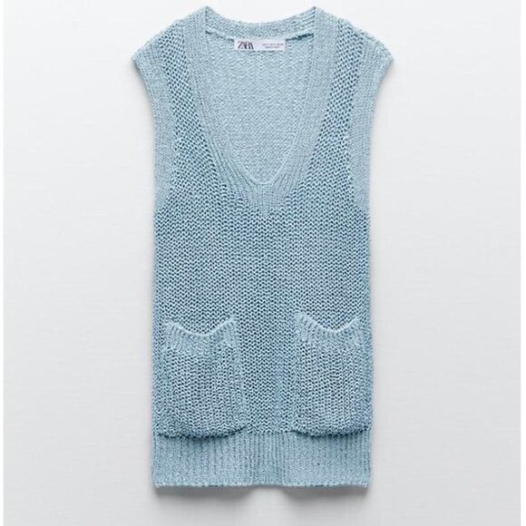 Blue Zara V-Neck Sleeveless Knit Pullover Sweater Vest (NWT) - Picture 1 of 4